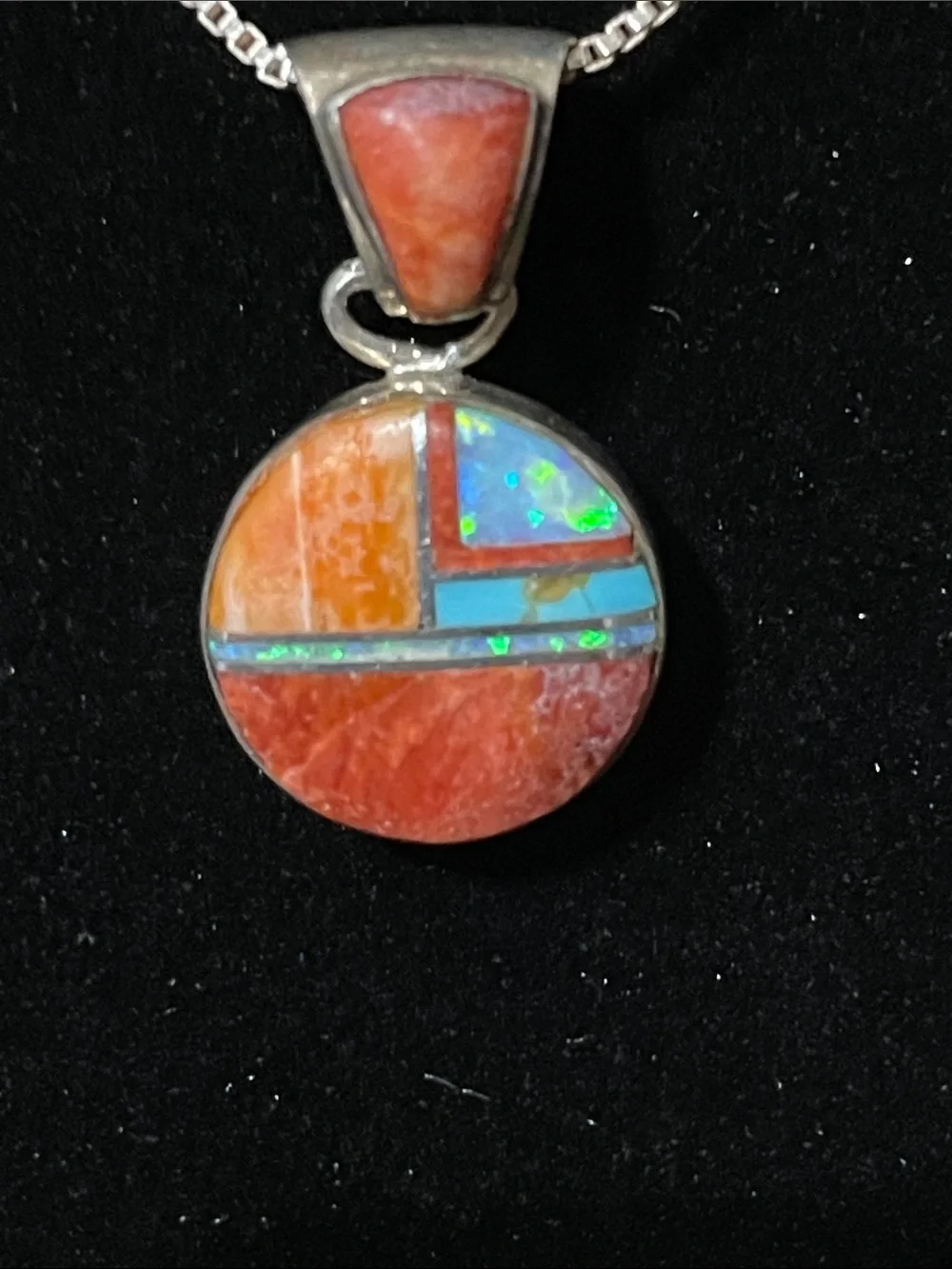 S. Martin Sterling Silver Coral and Opal Inlay Round Pendant - Orange Blue
